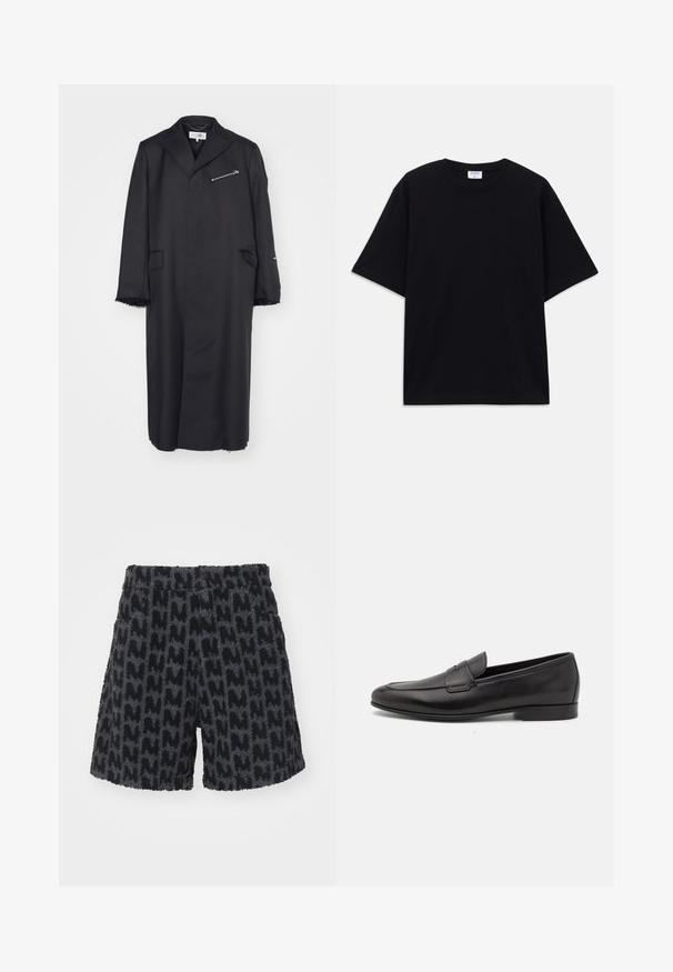 Black tailored coat with a collar, a chest zip pocket, and two side pockets. Features frayed edges at the sleeves and hem.; Black short-sleeve oversized T-shirt with round neckline and visible Filippa K brand label inside the collar.; Fuzzy black and gray shorts with a textured pattern resembling the letter "M." Feature a waistband with a button and side pockets.; Black leather men's loafer with a low heel and a classic penny strap design, shown in side profile on a white background.