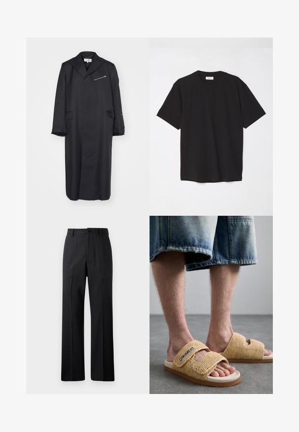 Sort skræddersyet frakk med krave, en brystlomme med lynlås og to sidelommer. Har takkede kanter ved ærmerne og kanten.; Sort bomulds T-shirt med rund hals, korte ærmer og en afslappet pasform. Enkel design, glat tekstur og ingen synlige mønstre eller logoer.; Sorte lige bukser med bæltestropper, frontknap og lynlås lukning, vist mod en ensfarvet hvid baggrund.; Beige vævede sandaler har to justerbare stropper, en struktureret overflade og en lysfarvet sål med en brun accent.