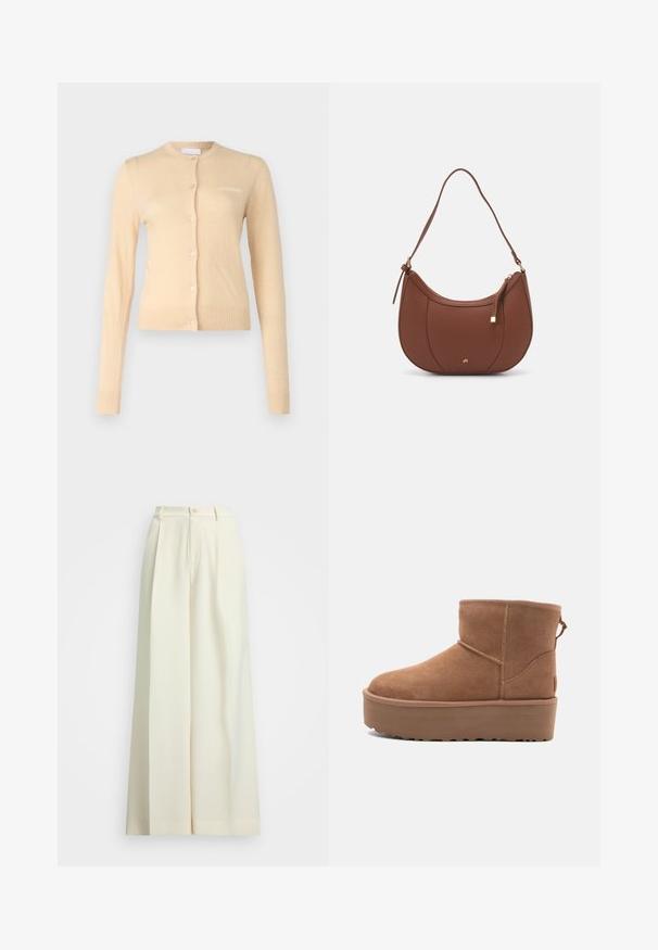 Cappotto di lana grigio scuro con ampi rever, chiusura doppiopetto, tasche anteriori e una cintura coordinata in vita. Texture liscia, design lungo fino al ginocchio.; Cardigan beige realizzato in materiale morbido, con scollo rotondo, chiusura frontale con bottoni e polsini e bordo a coste. Piccolo logo sul petto.; T-shirt bianco semplice realizzato in cotone, con scollatura rotonda, maniche corte e vestibilità morbida. Texture liscia senza motivi o accenti.; Pantaloni a gamba larga in tessuto bianco sporco, caratterizzati da un alto punto vita, doppie pince e chiusura con bottone. Texture liscia e design sartoriale.; Stivale alla caviglia in suede beige con suola platform, punta rotonda e dettagli di cucitura; presenta un inserto sul retro per una facile calzata.; Borsa a spalla in finta pelle marrone con forma curvata, cuciture minime e un accento in metallo dorato. Presenta una chiusura con zip superiore e una tracolla regolabile.