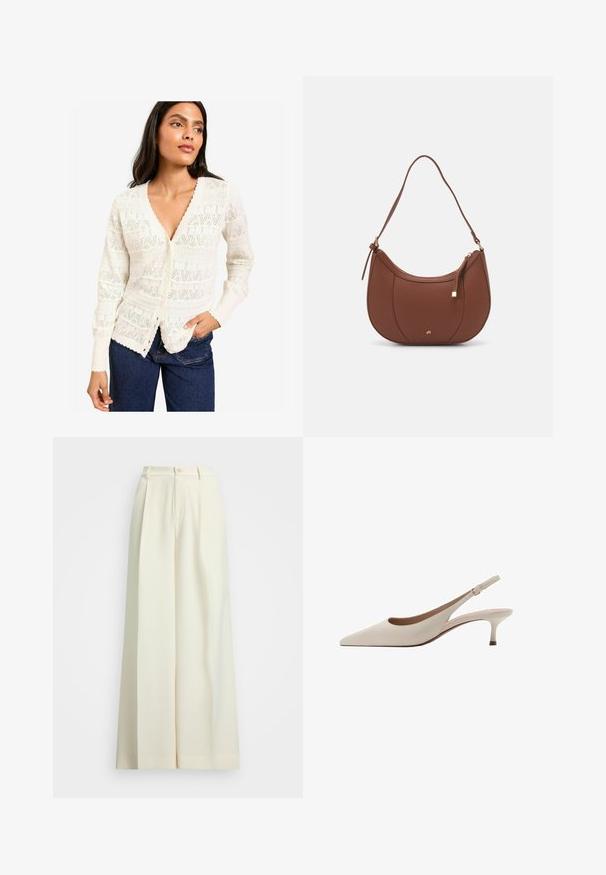 Tamno sivi vuneni kaput sa širokim reverima, dvostrukim kopčanjem sprijeda, prednjim džepovima i odgovarajućim remenom u struku. Glatka tekstura, dizajn do koljena.; Kremeni pleteni kardigan sa dubokim V-izrezom, valovitim rubovima i složenim otvorenim uzorcima. Dugmad sprijeda, prilagođene rukave.; Bijela majica kratkih rukava izrađena od glatkog materijala, s okruglim izrezom i suptilnim detaljima šivanja na rubu.; Hlače širokih nogavica u boji slonovače, s visokim strukom, dvostrukim nabranicama i zatvaranjem na dugme. Glatka tekstura i kroj po mjeri.; Bež sandale s potpeticom, s uskim vrhom i niskom, proširenom potpeticom. Izrađene od glatke kože s minimalističkim dizajnom i podesivim remenom.; Smeđa torba od umjetne kože s zakrivljenim oblikom, minimalnim šavovima i zlatnim metalnim detaljima. Ima zatvaranje na gornjoj strani sa patentnim zatvaračem i podesivu naramenicu.