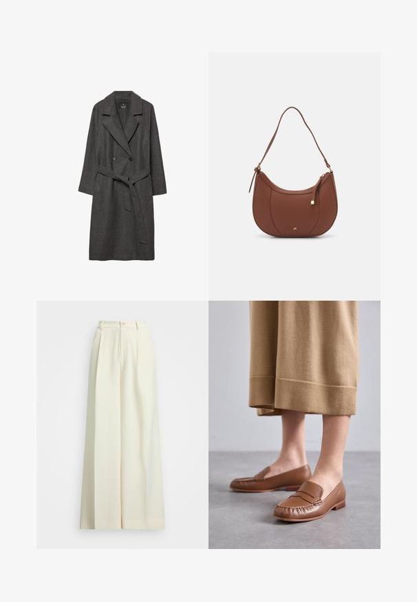 Dark gray wool coat with wide lapels, double-breasted front, front pockets, and a matching belt at the waist. Smooth texture, knee-length design.; Cream cable-knit sweater with a deep V-neck, adorned with navy sequined stripes on the collar and cuffs. Long sleeves with ribbed hem.; Wide-leg trousers in off-white fabric, featuring a high waist, double pleats, and a button closure. Smooth texture and tailored design.; MICHAEL Michael Kors CARLSON LOAFER - Slip-ons - brown; Brown faux leather shoulder bag with curved shape, minimal stitching, and a gold-tone hardware accent. Features a top zipper closure and adjustable strap.