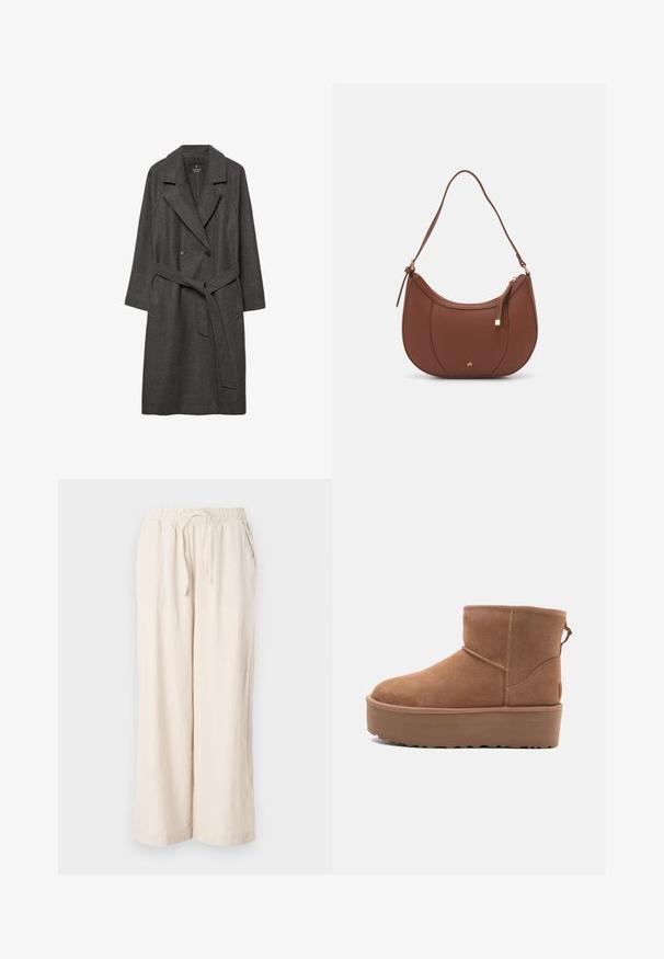 Tmavosivý vlnený kabát so širokými klopami, dvojradovým zapínaním, prednými vreckami a zodpovedajúcim opaskom v páse. Hladká textúra, dĺžka po kolená.; Krémový sveter s pleteninou v káblovom vzore a hlbokým výstrihom do V, zdobený námorníckymi flitrami na golieri a manžetách. Dlhé rukávy s rebrovaným lemovaním.; Béžové ľanové nohavice s širokými nohavicami, elastickým pásom a prednými vreckami. Hladká textúra, ľahký materiál, dĺžka po členky.; Hnedé semišové členkové čižmy s platformou, okrúhlou špičkou a zdobením stehov; majú slučku zozadu pre jednoduché obúvanie.; Hnedá umelá kožená taška cez rameno s zakriveným tvarom, minimalistickým šitím a zlatými akcentami. Obsahuje zips na vrchu a nastaviteľný popruh.