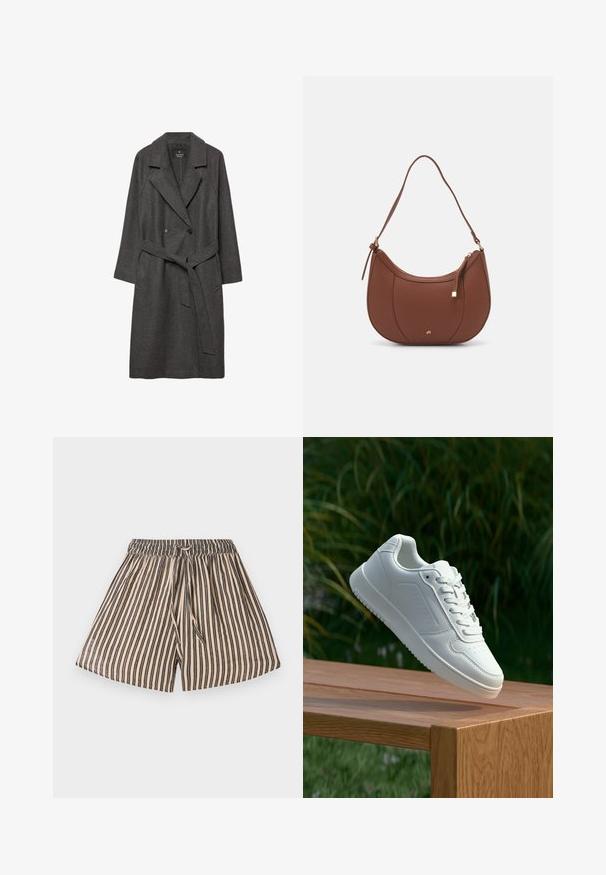 Tmavosivý vlnený kabát so širokými klopami, dvojradovým zapínaním, prednými vreckami a zodpovedajúcim opaskom v páse. Hladká textúra, dĺžka po kolená.; Biela košeľa s gombíkmi vyrobená z hladkej bavlny, s klasickým golierom, dlhými rukávmi a zakriveným lemom. Gombíky sú malé a biele.; Prúžkové šortky s elastickým pásom, so vertikálnymi pruhmi v béžovej a námornej modrej farbe. Mäkka tkanina, neformálny dizajn a detail predného viazania.; Biele tenisky s hladkým syntetickým zvrškom, perforovanou špičkou, plochými šnúrkami a textúrovanou podrážkou, vystavené na drevenej ploche.; Hnedá umelá kožená taška cez rameno s zakriveným tvarom, minimalistickým šitím a zlatými akcentami. Obsahuje zips na vrchu a nastaviteľný popruh.