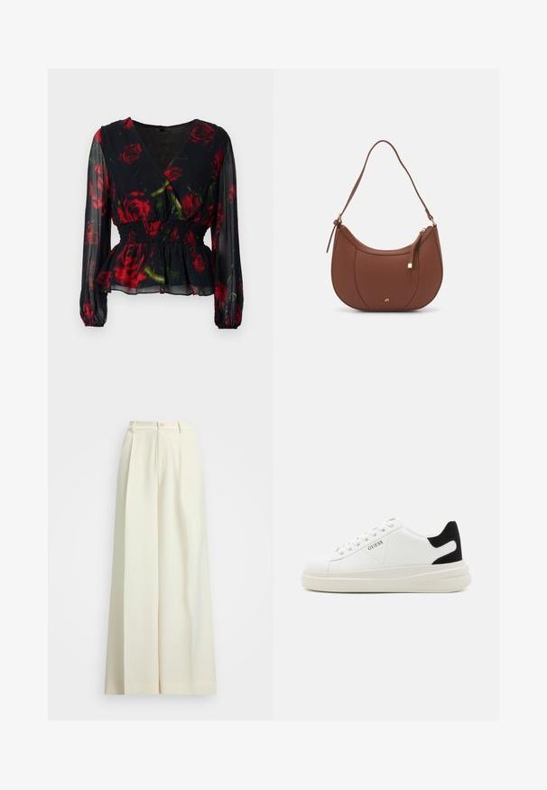 Tmavě šedý vlněný kabát s širokými klopami, dvouřadým zapínáním, předními kapsami a odpovídajícím opaskem v pase. Hladká textura, délka ke kolenům.; Tmavě květinová blůza s zavinovacím designem, červené růže na černém pozadí, průsvitná látka, dlouhé rukávy, nařasený pas a volánkový lem.; Široké nohavice v barvě slonové kosti, s vysokým pasem, dvojitými sklady a zapínáním na knoflík. Hladká textura a pohodlný střih.; Bílé kožené tenisky s tlustou bílou podrážkou, černým semišovým akcentem na patě a vyraženým logem na boku. Šněrovací design se šesti očka.; Hnědá kabelka přes rameno z umělé kůže s zakřiveným tvarem, minimálním prošíváním a zlatým kovovým akcentem. Disponuje vrchním zipovým uzavíráním a nastavitelným popruhem.