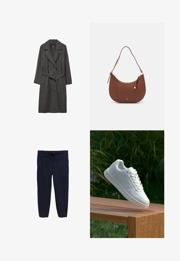 Tummanharmaa villakangastakki, jossa on leveät kaulukset, kaksirivinen nappilista, etutaskut ja vyötä vastaava vyö vyötäröllä. Liukas rakenne, polvenpituinen malli.; Musta poolalla pitkähihaisen pusero, joka on valmistettu ribbikankaasta, tarjoaa muotoilevan leikkauksen, jossa on korkea kaula-aukko eikä kuvioita tai koristeita.; Tummansiniset housut, joissa on joustava vyötärö ja kiristysnarut. Materiaali on sileä, ja lahkeet ovat kapenevat ilman näkyviä kuvioita.; Valkoiset tennarit, joissa on sileä synteettinen päällinen, rei'itetty varvasosa, litteät nauhat ja teksturoitu pohja, esillä puupinnalla.; Ruskea keinonahkainen olkalaukku, jossa on kaareva muoto, minimaalinen ompelu ja kultasävyinen varuste. Varustettu ylhäältä avautuvalla vetoketjullisella suljennalla ja säädettävällä hihnalla.