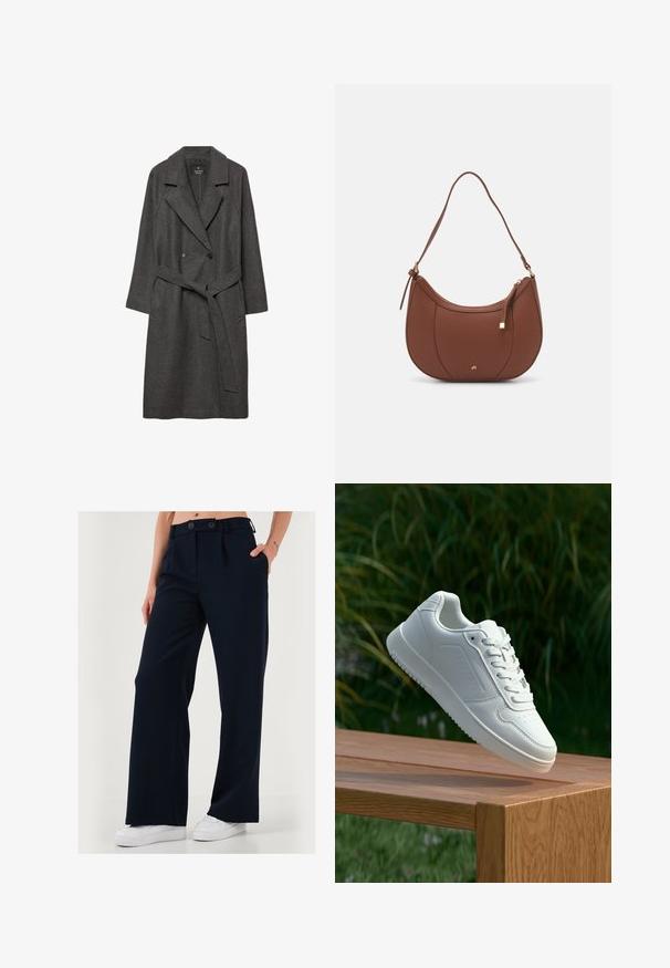 Tmavě šedý vlněný kabát s širokými klopami, dvouřadým zapínáním, předními kapsami a odpovídajícím opaskem v pase. Hladká textura, délka ke kolenům.; Bílý krátký rukáv tričko vyrobené z hladkého materiálu, s kulatým výstřihem a jemnými švy na lemu.; Široké kalhoty v námořnické modři, vyrobené z hladké látky, s dvojitým zapínáním a bočními kapsami pro elegantní vzhled.; Bílé tenisky s hladkým syntetickým svrškem, perforovanou špičkou, plochými tkaničkami a texturovanou podrážkou, vystavené na dřevěném povrchu.; Hnědá kabelka přes rameno z umělé kůže s zakřiveným tvarem, minimálním prošíváním a zlatým kovovým akcentem. Disponuje vrchním zipovým uzavíráním a nastavitelným popruhem.