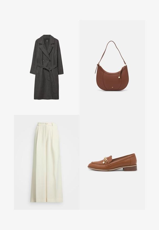 Mørkegrå uldfrakke med brede revers, dobbeltradet front, forlommer og et matchende bælte i taljen. Glat tekstur, knælang design.; En enkel hvid t-shirt lavet af bomuld med rund halsudskæring, korte ærmer og en afslappet pasform. Glat tekstur uden mønstre eller accentuer.; Bredde benbukser i off-white stof, med høj talje, dobbelte plisseringer og knaplukning. Glat tekstur og skræddersyet design.; Brune læder loafers med en guld kædeaccent og perledetail. Har en rund tå og en lav blokhæl. Glat tekstur og elegant design.; Brun faux læder skuldertaske med buet form, minimal syning og en guldtonet hardwaredetalje. Har en top lynlåslukning og justerbar rem.