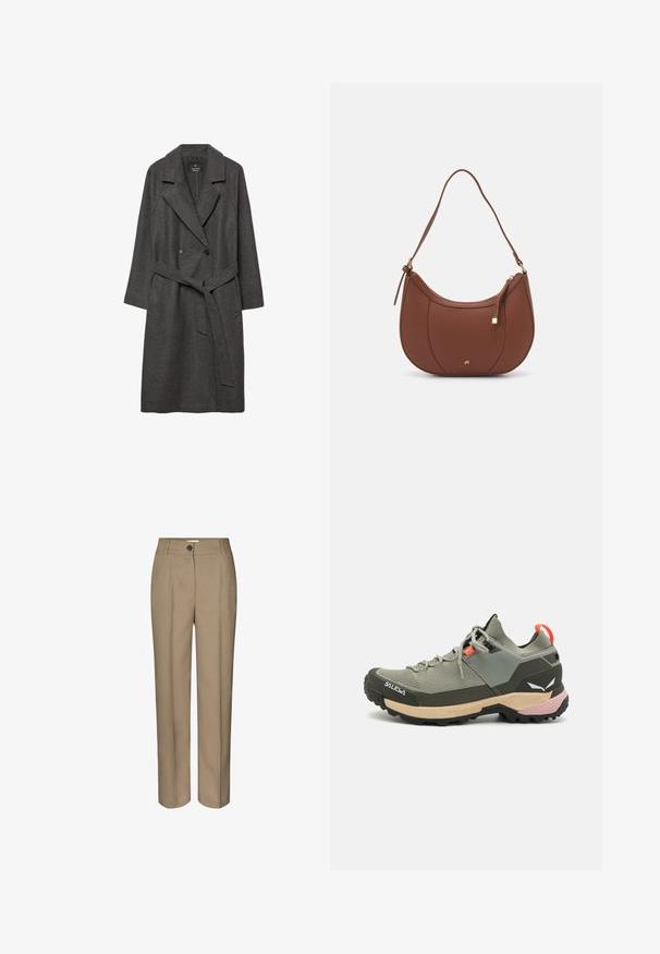 Tamno sivi vuneni kaput sa širokim reverima, dvostrukim kopčanjem sprijeda, prednjim džepovima i odgovarajućim remenom u struku. Glatka tekstura, dizajn do koljena.; Obična bijela majica od pamuka s okruglim izrezom, kratkim rukavima i ležernim krojem. Glatka tekstura bez uzoraka ili dodataka.; Bež hlače s ravnim nogavicama, sjedinjene jednim gumbom i čistim prednjim naborima. Napravljene od glatkog materijala.; Lagani zeleni planinarski cipela od mrežastih i gumiranih materijala, crni potplat za prianjanje, ružičasti i narančasti detalji, te ojačani kapica za nožne prste.; Smeđa torba od umjetne kože s zakrivljenim oblikom, minimalnim šavovima i zlatnim metalnim detaljima. Ima zatvaranje na gornjoj strani sa patentnim zatvaračem i podesivu naramenicu.