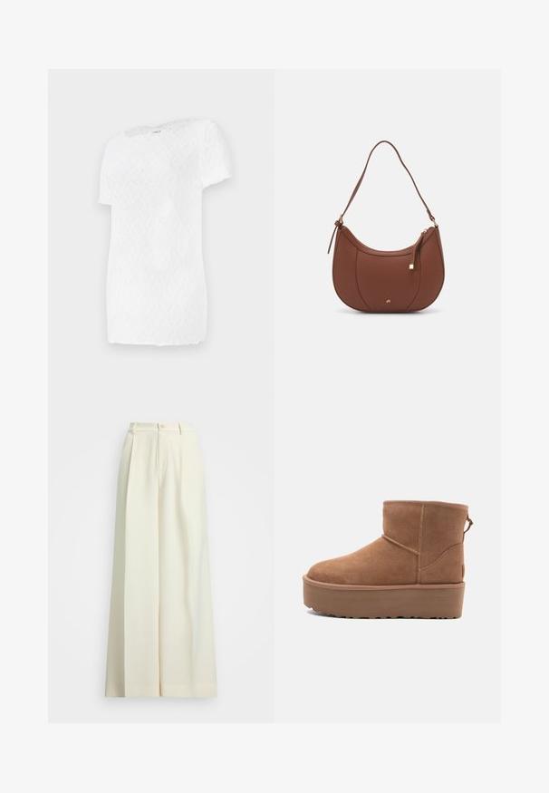 Temno sivi volneni plašč z širokimi reverji, dvojno sprednje zapiranje, sprednjimi žepi in usklajenim pasom v pasu. Gladka tekstura, dolžina do kolen.; Bela kratka majica s kratkimi rokavi, s teksturiranim diamantom in okroglim ovratnikom, izdelana iz lahkotnega materiala.; Hlače širokih nogavic iz ofsajd belega blaga, z visokim pasom, dvema plisama in gumbnim zapiranjem. Gladka tekstura in krojen design.; Bela antilopova gležnjača s platformom, okruglim vrhom i dekorativnim šavovima; ima uvučenu petlju straga za lakše oblačenje.; Rjava usnjena torbica z ramenskim ročajem, ukrivljene oblike, minimalnim šivom in zlato-tonirano kovinsko dekoracijo. Ima zgornje zapiranje na zadrgo in nastavljiv trak.