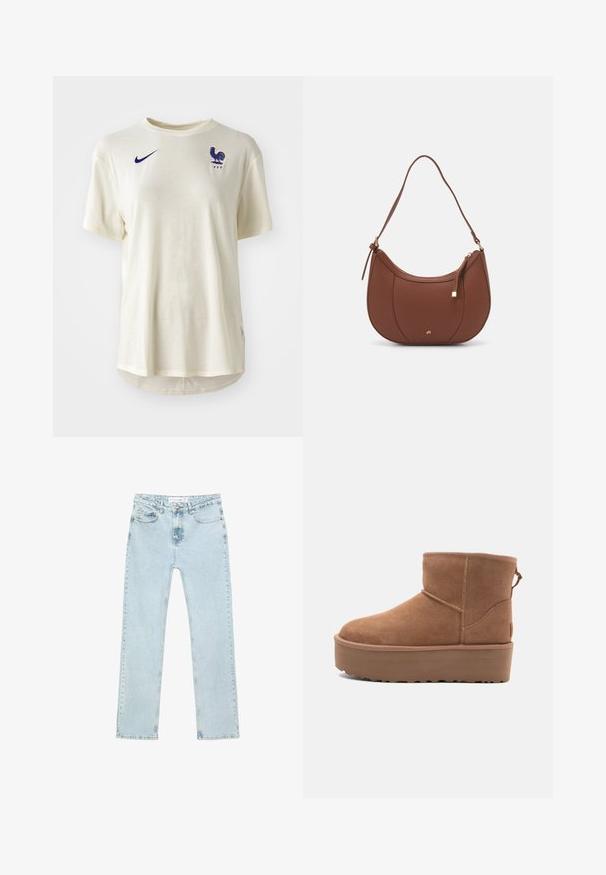 Ciemnoszary wełniany płaszcz z szerokimi klapami, podwójnym zapięciem z przodu, kieszeniami z przodu oraz pasującym paskiem w talii. Gładka tekstura, długość do kolan.; Kremowa koszulka Nike z krótkim rękawem, z niebieskim logo koguta i emblematem 'FFF' na lewej piersi. Gładka faktura materiału.; Jasnoniebieskie dżinsy o prostym kroju wykonane z denimu. Posiadają kieszenie z przodu, zamek błyskawiczny z guzikiem oraz widoczne przeszycia wzdłuż szwów.; Beżowe zamszowe botki za kostkę z platformą, zaokrąglonym noskiem i akcentami w postaci przeszyć; posiadają pętelkę z tyłu dla ułatwienia zakładania.; Brązowa torebka na ramię z eko-skóry o zaokrąglonym kształcie, z minimalnym przeszyciem i złotym akcentem na okuciach. Posiada zamek błyskawiczny u góry oraz regulowany pasek.