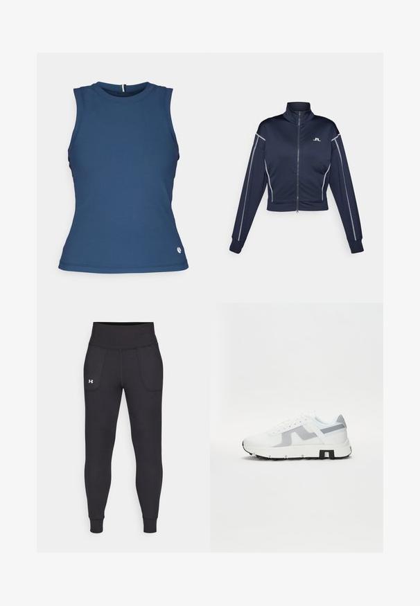 Navy cropped zip-up jacket in smooth fabric, featuring a high collar, silver accents along the sleeves, and a small logo on the chest.; Björn Borg ACE TANK POCKET - Top - moonlit ocean; Black athletic leggings made from stretchy material, featuring a high waistband, side pockets, and fitted cuffs at the ankle.; White athletic sneaker with grey accents, a textured upper, thick sole, and contrasting black heel detail. Lace-up design with mesh panels.