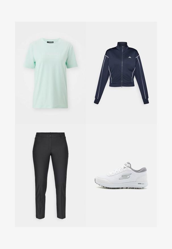 Tamsiai mėlyna trumpa zip-up striukė iš lygaus audinio, su aukštu apykakle, sidabriniais akcentais ant rankovių ir mažuoju logotipu ant krūtinės.; Šviesiai mėtų žalia medvilninė marškinėliai su apvalia iškirpte ir trumpomis rankovėmis. Puošia subtilus baltas logotipas "J.LINDEBERG" per krūtinę.; Juodi pritaikyti kelnių modeliai su lygiu paviršiumi, turintys mygtuko užsegimą, užtrauktuką ir dvi šonines kišenes. Lieknas siluetas su siaurėjančiomis kojomis.; Balti sportiniai batai su tekstūruotu tinkliniu viršumi, sidabriniais akcentais ir lengvu padu, kuriame yra mažų sukibimo kaiščių, paženklinti "ULTRA FLIGHT."