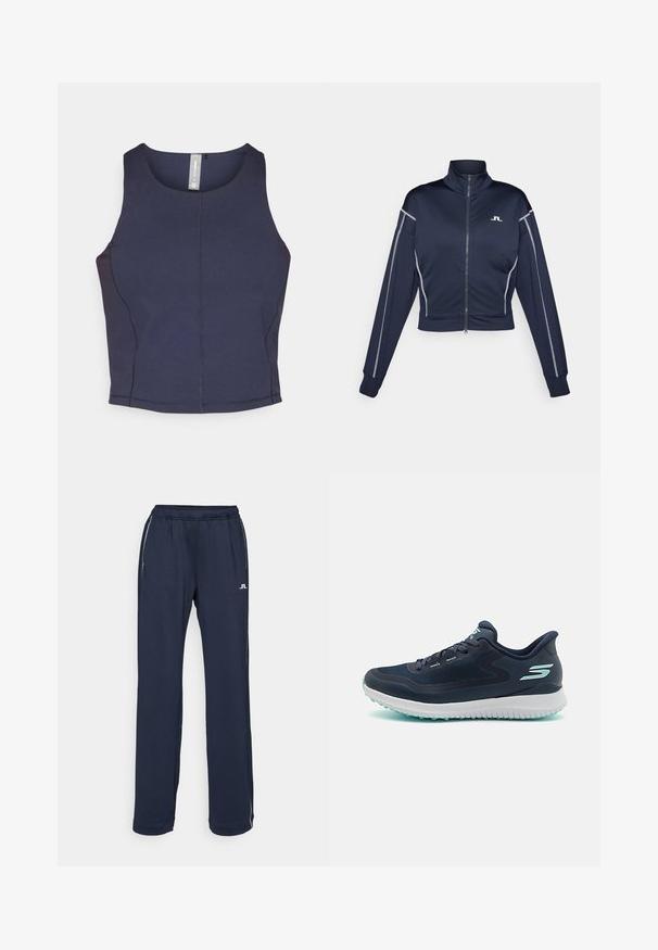 Tamsiai mėlyna trumpa zip-up striukė iš lygaus audinio, su aukštu apykakle, sidabriniais akcentais ant rankovių ir mažuoju logotipu ant krūtinės.; Tamsiai mėlynas be rankovių trumpas viršus su apvaliu kaklu, lygia tekstūra ir matomais siūlių detalėmis šonuose.; Tamsiai mėlynos sportinės kelnės su elastinga juosta, dviem šoniniais kišenėmis ir subtiliais baltais logotipų akcentais. Pagamintos iš lygaus, elastingo audinio.; Tamsiai mėlynos bėgimo sportinės bateliai su kvėpuojančiu tinkleliu, baltu amortizatoriumi ir šviesiai mėlynais akcentais. Yra struktūrizuota padas tractionui.