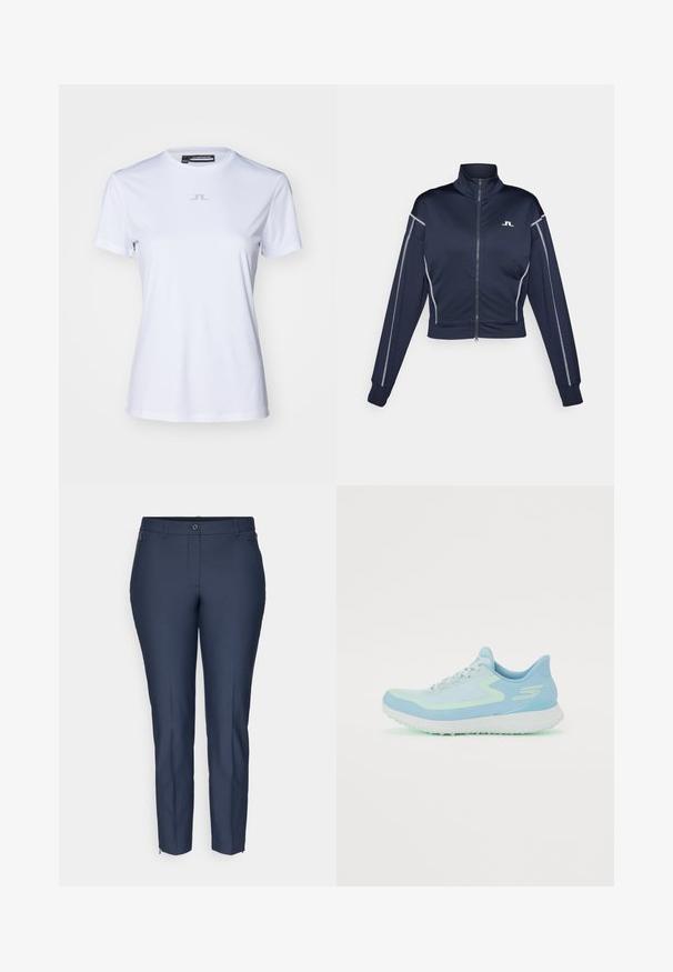 Námořnická zkrácená zipová bunda z hladkého materiálu, s vysokým límcem, stříbrnými detaily na rukávech a malým logem na hrudi.; Bílý tričko s krátkým rukávem z hladké tkaniny, s decentním šedým logem na hrudi a klasickým kulatým výstřihem.; Námořnické modré kalhoty v úzkém fitu s knoflíkovým zapínáním, poutky na opasek, bočními zipovými kapsami a zipy na kotnících na obou nohavicích.; Světle modrá sportovní obuv s síťovaným svrškem, zaoblenou špičkou, polstrovanou podrážkou a reflexními akcenty. Obsahuje šněrování a oporu pro patu.