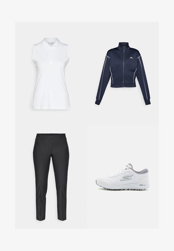 Jaqueta curta azul-marinha com fecho zip em tecido suave, apresentando uma gola alta, detalhes em prata ao longo das mangas e um pequeno logótipo no peito.; Camisa polo sem mangas branca, feita de um tecido suave, com colarinho clássico, lista de cinco botões e rachas laterais para maior liberdade de movimento.; Calças pretas de corte ajustado com uma textura suave, apresentando fecho de botão, fecho éclair e dois bolsos laterais. Corte slim com pernas ajustadas.; Sapatilhas brancas desportivas com um upper de malha texturizada, detalhes em prata e uma sola leve com pequenos pinos de tração, rotuladas "ULTRA FLIGHT."