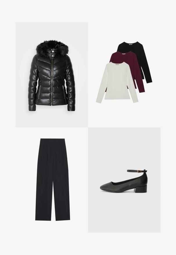 Morgan GKIDIA - Vinterjacka - noir; Långärmade t-shirts i vitt, vinrött och svart. Tillverkade av mjukt tyg med rund halsringning och figurnära design. Lämpliga för lager-på-lager.; Svarta vida byxor i ett slätt material, med veck, en platt midjeband och utan synliga fickor eller dekorationer.; Svart läderpump med spetsig tå och en låg klack. Har en ankelsnodd med en guldtonad spänne. Slät textur.