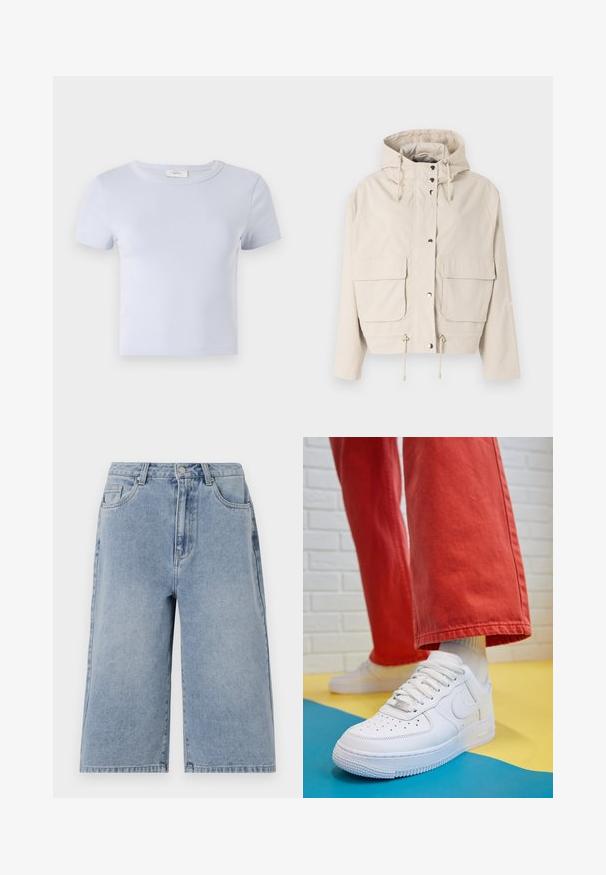 Geacă de vânt bej cu glugă, dotată cu nasturi tip snap, două buzunare frontale, șnur la tiv și o textură netedă, mată.; Tricou scurt cu maneci, de culoare albastru deschis, cu guler rotund, realizat dintr-un material moale; are un design slim și detalii subtile de cusătură.; Jeanși scurți de culoare bleu deschis, cu o croială largă, talie medie și cusături vizibile. Dispun de buzunare laterale și la spate, și se închid cu un nasture.; Tenis alb din piele cu fanta pe vârful piciorului, talpă texturată și șireturi albe, purtat cu pantaloni larga roșii și un fundal albastru și galben.
