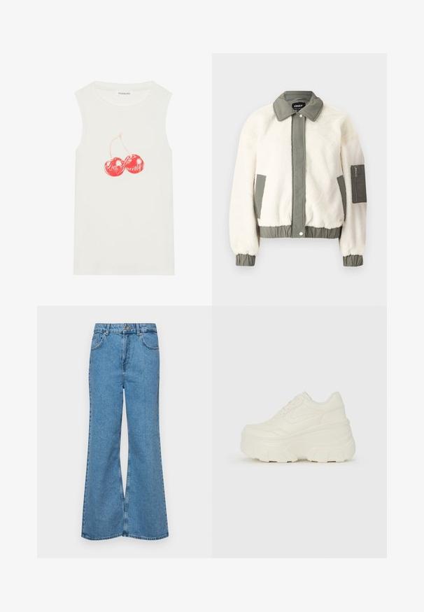 Krämfärgad fuskpälsjacka med midjeband, krage och manschetter i grön tyg. Har en blixtlåsförsedd ficka på vänster arm.; Vit ärmlös topp i bomull med ribbad textur, prydd med en röd körsbärsgrafik och texten "Love Sweet."; Ljust blå vida jeans i denim, med hög midja, fem fickor och en enda knappstängning. Mjuk textur med blekt finish.; Vita plattformssneakers med en slät läderliknande överdel, rundad form, vadderad krage och texturerad gummisula med definierade mönster.