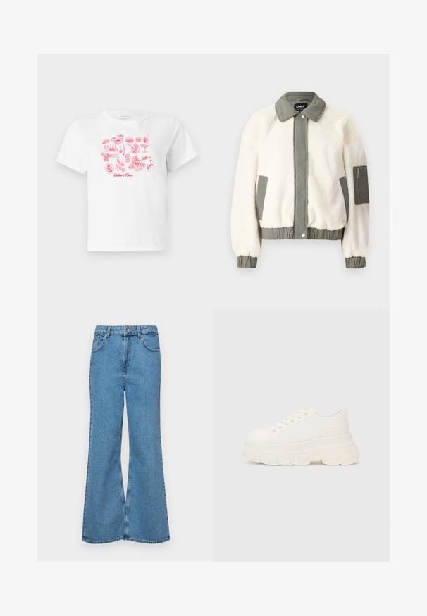 Kremkrāsas mākslīgā kažokādas jaka ar zaļu auduma jostasvietu, apkakli un piedurkņu galiem. Satur rāvējslēdzēja kabatu kreisajā rokā.; Balta kokvilnas T-kreklu ar rozā grafiku, kurā attēloti dažādi pārtikas produkti un trauki, ar tekstu "Nedēļas nogales plāni" stilizētā fontā.; Gaiši zili, platā piegriezuma džinsi, kas izgatavoti no denima, ar augstu jostasvietu, piecām kabatām un vienu pogu. Mīksta tekstūra ar nolietotu apdari.; Baltas kavu tenisa apavi ar masīvu zoli, apaļu purngalu un piecām acīm auklām. Aizmugures cilpa vieglai uzvilkšanai. Gluda tekstūra, minimāls dizains.