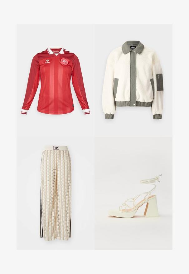 Kreminės spalvos dirbtinės vilnos Striukė su žalia medžiagos juostele, apykakle ir rankovėmis. Su kairėje rankovėje esančia užtrauktuku užsegama kišenė.; Raudona ilgos rankovės futbolo marškinėliai su vertikaliomis juostomis, balta apykakle ir raudonai-baltomis juostelėmis ant rankovių. Ant krūtinės yra komandos logotipas.; Grietos spalvos plačios kelnės su zigzagų raštu, turinčios juodą logotipo juostą ir šonines juodas juosteles. Lengvas, tekstūruotas audinys.; Balti aukštakulniai sandalai su masyviu kulnu, su dirželių dizainu ir kulkšnies raiščiu. Lygi tekstūra su platforma priekyje, suteikianti papildomą aukštį.