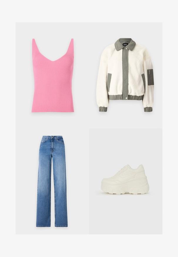Krémovo sfarbená umelá kožušinová bunda so zeleným látkovým opaskom, golierom a manžetami. Obsahuje zipsovú vrecko na ľavom ramene.; Priliehavý ružový rebrovaný top s hlbokým V-výstrihom, hrubými ramienkami a hladkou textúrou. Vhodný na vrstvenie alebo nosenie samostatne.; Svetlomodré široké džínsy vyrobené z denimu, s vysokým pásom, prednými vreckami a štandardným zapínaním na gombík. Hladká textúra.; Biele platformové tenisky s hladkým koženkovým svrchným materiálom, zaobleným tvarom, polstrovaným golierom a textúrovanou gumovou podrážkou s výrazným vzorom.