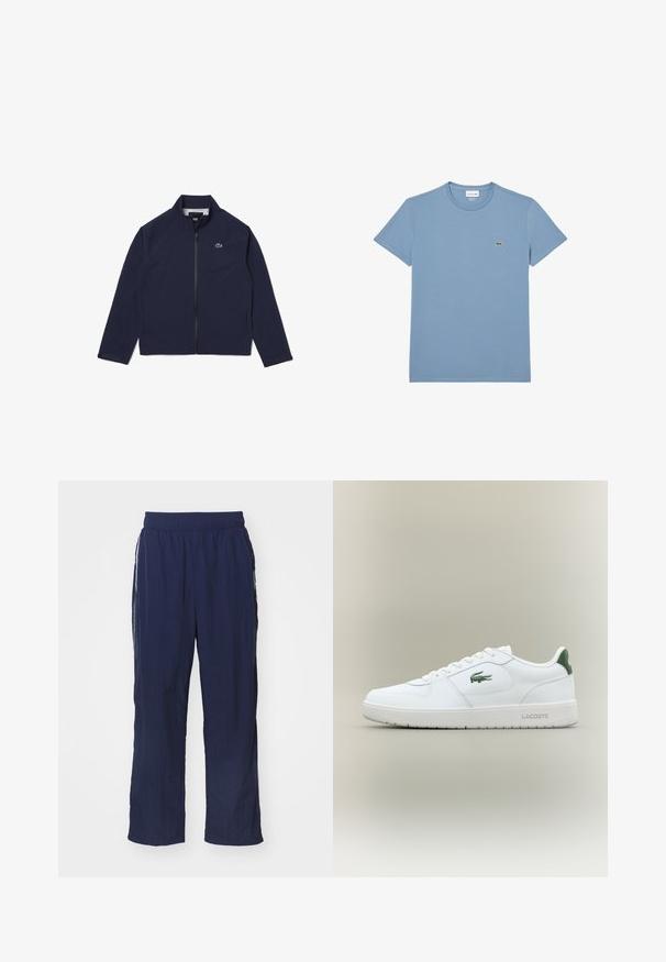 Marine blauwe zip-up jas van lichtgewicht stof, met een staande kraag, zijzakken en een klein groen logo op de borst.; Lichtblauw T-shirt van katoen met een ronde hals. Voorzien van een klein groen krokodil-logo op de linkerborst. Korte mouwen, eenvoudige ontwerp.; Navyblauwe lichtgewicht broek met een elastische tailleband, relaxte pasvorm, zijzakken en contrasterende witte strepen aan de zijkanten.; Witte leren sneaker met een gladde afwerking, groene accenten op de hak en een groen logo aan de zijkant. Beschikt over een platte zool en een ronde neus.