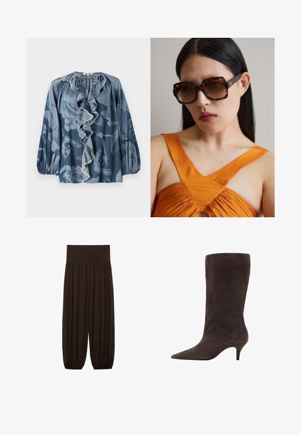 Sort læderjakke med høj krave, trykknaplukning foran og to klaplommer i taljen, lagt fladt på hvid baggrund.; Beige sweater lavet af blødt materiale, med rund halsudskæring og lange ærmer. Simpelt design uden mønstre eller udsmykninger.; Blå blomstret bluse med rynket halsudskæring, lange ærmer og struktureret stof. Designet indeholder forskellige nuancer af blå og subtile mønstre.; Brune plisserede bukser med en bred, elastisk talje. Stoffet er let og tekstureret med indsamlede sømme ved benens afslutninger.; Brun ruskind støvle til knæhøjde med spids tå og mellem høj hæl, der har en glat tekstur og elegant design.; Brune skildpaddemønstrede oversized solbriller med en bred rektangulær kant og gradientlinser. Guldfarvet logo detalje på siden.