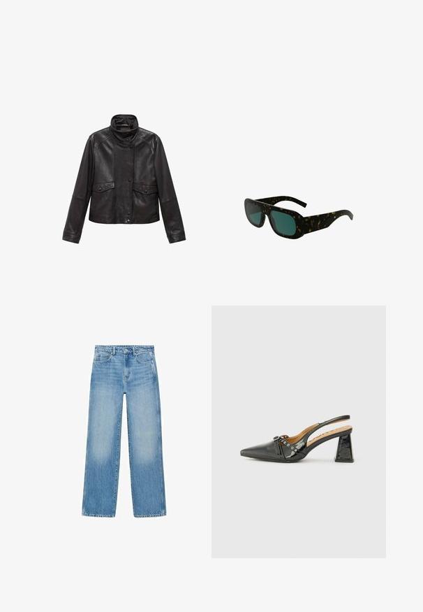 Čierna kožená bunda s vysokým golierom, predným zapínaním na patentky a dvoma vreckami na klopách v páse, rozložená na bielom pozadí.; Čierny dlhý rukáv, V-krk vrch vyrobený z jemnej bavlny, s úzkym strihom a minimalistickým dizajnom bez ďalších vzorov alebo akcentov.; Svetlomodré denimové džínsy so strihaním na rovno, dizajnom s piatimi vreckami a jemným vyblednutím. Majú gombík a zips na uzatváranie v páse.; Čierna lakovaná slingback obuv s ostrou špicou, trojuholníkovým podpätkom a dekoračným remienkom so striebornými akcentmi. Hladký povrch.; Rámové slnečné okuliare v korytnačkovom vzore s tmavozelenými šošovkami, širokými obdĺžnikovými rámami a zakrivenými stranami, so hladkým plastovým povrchom.