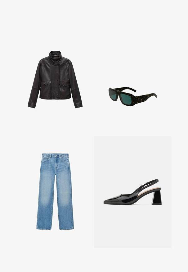 Črna usnjena jakna z visokim ovratnikom, spredaj z zapiranjem na ježka in dvema zavihkoma na pasu, položena na belo ozadje.; Črn dolgrokavni V-izrez majica iz mehkega bombaža, s slim fit krojem in minimalističnim oblikovanjem brez dodatnih vzorcev ali okraskov.; Svijetloplave traperice ravnog kroja, s dizajnom od pet džepova i suptilnim blijeđenjem. Imaju kopčanje na gumbe i patentni zatvarač u struku.; Črne lakaste sandale s peto in ostrim nosom, ki imajo edinstveno geometrijsko blok panto. Gladka tekstura. Prilagodljiv trak za podporo.; Želvečaste sončna očala z temno zelenimi lečami, širokimi pravokotni okviri in ukrivljenimi temple, ki imajo gladko plastično površino.; Tkaninska torba iz olivno zelene barve z prostornim, okroglim oblikovanjem in enim podolgovatim ročajem za nošenje. Teksturirana površina.
