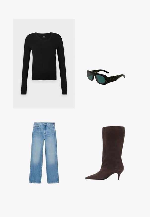 Giacca in pelle nera con colletto alto, con chiusura a bottoni a pressione e due tasche a ribalta in vita, posata su sfondo bianco.; Top nero a maniche lunghe a V realizzato in cotone morbido, caratterizzato da una vestibilità slim e un design minimalista senza ulteriori motivi o accenti.; Jeans in denim blu chiaro con taglio dritto, design a cinque tasche e un leggero sbiadimento. Presentano una chiusura con bottone e cerniera in vita.; Stivale in suede marrone, con punta affusolata e tacco medio, caratterizzato da una texture liscia e un design elegante.; Occhiali da sole tartarugati con lenti verde scuro, ampi montatori rettangolari e aste curve, con una finitura in plastica liscia.