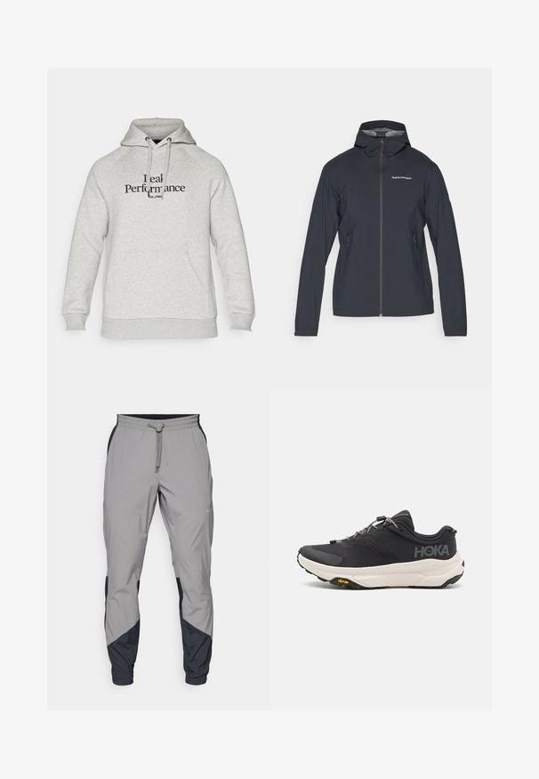 Tmavosivá, ľahká bunda s kapucňou, predným zipsom a dvoma bočnými vreckami. Má priliehavý strih a priedušný materiál.; Šedá mikina s kapucňou na šnúrky, raglánovými rukávmi, prednou vreckom a čiernym potlačeným textom "Skutočný výkon". Mäkká textúra látky.; Ľahké, šedé športové nohavice s čiernymi akcentmi. Elastický pás, sťahovanie pomocou šnúrky, zúžený strih nohavíc a bočné vrecká.; Čierne športové topánky s textúrovaným zvrškom, sivými akcentmi, reflexnými detailmi a hrubou bielou podrážkou s logom Vibram.