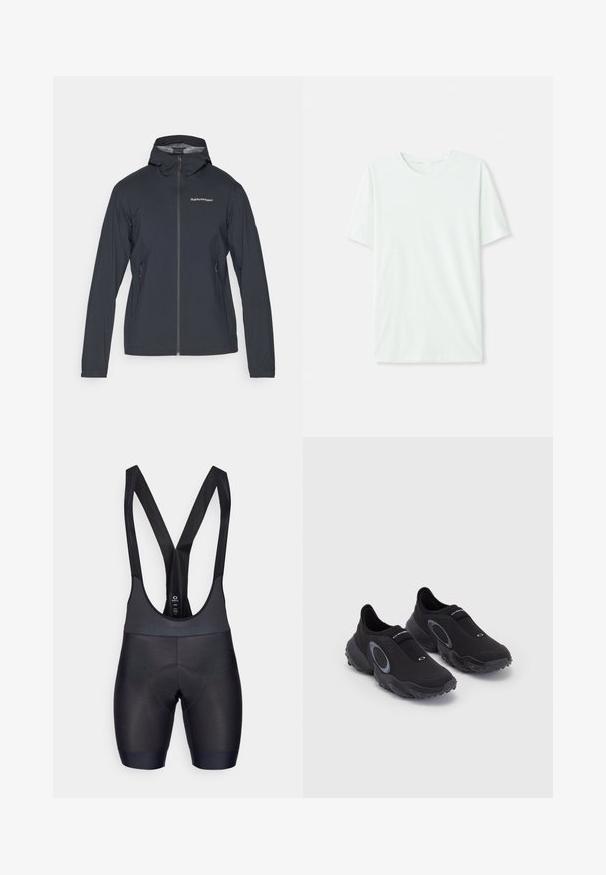 Temno siva, lahka jakna s kapuco, sprednjim zadrgo in dvema stranskima žepoma. Ima prilegajoč se kroj in zračen material.; Svetlo mint zelena majica s kratkimi rukavi, izdelana iz mehkega blaga. Ima okroglo ovratnico in preprost, ravno kroj brez okrasnih elementov.; Črne kolesarske hlače s podloženim ščitnikom za udobje in nastavljivimi naramnicami. Gladka površina in tesen kroj.; Črne slip-on športne copate z teksturiranim zgornjim delom in gumijastim podplatom. Imajo sivo krožno dekoracijo in elastični trak čez gleženj za boljše prileganje.