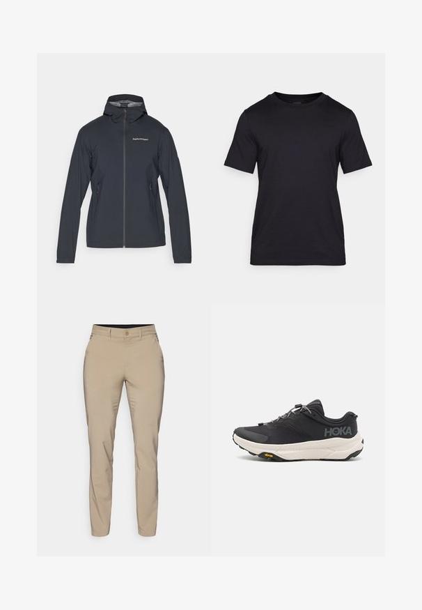 Tumši pelēks, viegls džemperis ar kapuci, priekšējo rāvējslēdzēju un divām sānu kabatām. Iezīmēts ar pieguļošu dizainu un elpojošu materiālu.; Melna T-kreklu, izgatavota no gludas auduma, ar apaļu kakla izgriezumu un īsām piedurknēm. Discreta zīmola apdruka melnā krāsā uz krūšu daļas.; Beigās bikses, kas izgatavotas no gludas auduma ar šauru piegriezumu, ar vienu pogu un sānu kabatām, beidzas pie potītēm.; Melna sporta kurpe ar teksturētu virsu, pelēkiem akcentiem, atstarojošiem elementiem un biezu baltu zoli, kas rotāta ar Vibram zīmolu.