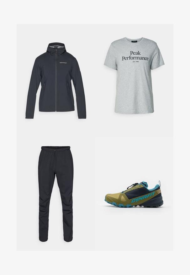 Chaqueta ligera de color gris oscuro con capucha, cremallera frontal y dos bolsillos laterales. Presenta un diseño ajustado y material transpirable.; Camiseta de algodón gris con mangas cortas y cuello redondo, con texto negro que dice "Peak Performance Est. 1986" en la parte delantera.; Pantalones ligeros negros con cintura elástica, cierre de cordón y piernas ajustadas. Fabricados con material resistente al agua y con una textura suave.; Zapatilla de trail running en verde oliva y azul marino, con un upper texturizado, acentos azules, un sistema de cordones seguro y una suela robusta para agarre.