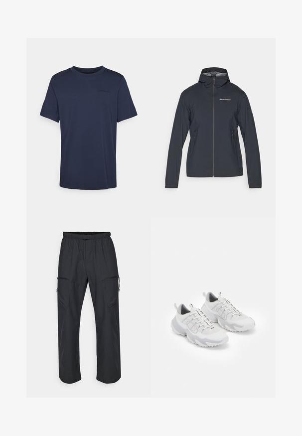 Tmavosivá, ľahká bunda s kapucňou, predným zipsom a dvoma bočnými vreckami. Má priliehavý strih a priedušný materiál.; Námornícko modré bavlnené tričko s krátkym rukávom a okrúhlym výstrihom, s jemne reliéfnou logom na hrudníku a rovnom lemovaním.; Čierne cargo nohavice so elastickým pásom, dvoma zipsovými vreckami a ľahkou, hladkou textúrou látky.; Biele športové topánky s priedušným zvrškom, sivými akcentmi, textúrovanou gumovou podrážkou a ťahacími pútkami na päte; sú vybavené šnurovacím dizajnom.