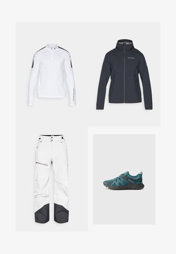Dark gray, lightweight jacket with a hood, front zipper, and two side pockets. Features a fitted design and breathable material.; White long-sleeve quarter-zip shirt with gray shoulder accents. Features a smooth, stretch fabric and a logo printed on the sleeve.; White snow pants with black accents at the hem, featuring a zippered thigh pocket and snap closure. Made of weather-resistant material.; Columbia PEAKFREAK ROAM - Hiking shoes - everblue/dark grey