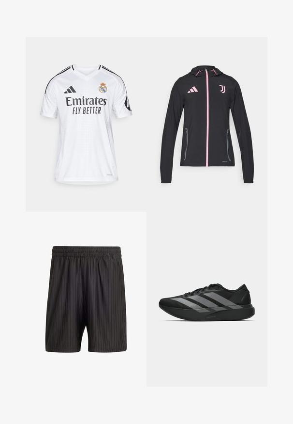 adidas Performance JUVENTUS TIRO25 COMPETITION VIS TECH TRAVEL JACKET - Klubruházat - black/bliss pink; Fehér futballmez rövid ujjakkal, V-nyakkivágással, fekete díszítésekkel, és az „Emirates Fly Better” felirattal vastag fekete betűkkel. A mellen csapatlogó található.; Fekete rövidnadrág, gumis derekú, függőleges csíkozással és könnyű, texturált anyaggal. Térd középig érő hosszúságú.; Fekete sportcipők könnyű kialakítással, három kiemelkedő szürke csíkkal, sima textúrával és kontúros talppal.