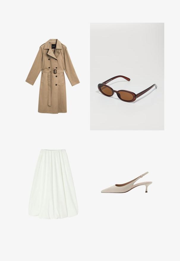 Beżowy płaszcz trench z tkaniny, z podwójnymi guzami, paskiem w talii i naramiennikami na ramionach.; Czarny t-shirt z krótkim rękawem o szerokim dekolcie i luźnym kroju. Wykonany z miękkiego materiału bez widocznych wzorów czy zdobień.; Biała spódnica do kolan z elastycznym pasem. Miękki materiał o gładkiej fakturze i pełnym fasonie, tworzący delikatne fałdy.; Beżowe szpilki slingback z zakończeniem w szpic i niskim, rozkloszowanym obcasem. Wykonane z gładkiej skóry, o minimalistycznym wzornictwie i regulowanym pasku.; Okrągłe, brązowe okulary przeciwsłoneczne z błyszczącą bordową oprawą. Cienkie ramiona z subtelnym detalem marki. Płaski kształt soczewek.