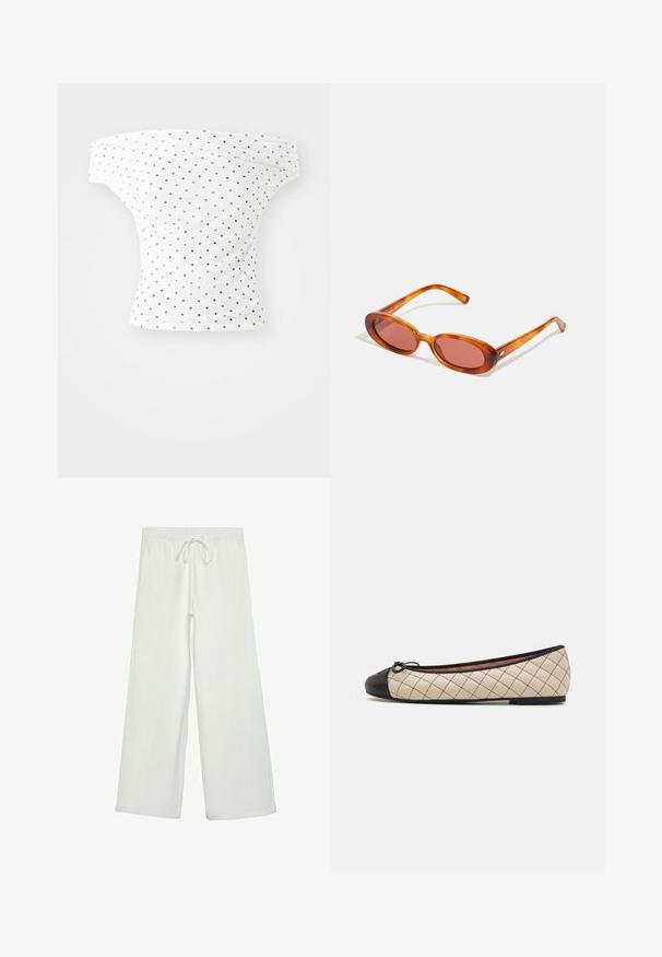 Beige trenchcoat lavet af stof, med dobbeltrækkede knapper, et bælte i taljen og skulderstropper.; Hvid top med sorte prikker, der sidder løst på skuldrene, med en tætsiddende form og samlet tekstur, ideel til afslappet brug.; Hvide bukser med bred ejer lavet af blødt stof. Har en elastisk talje med snor og en glat tekstur. Ingen synlige mønstre eller hardware.; Beige quiltede læder ballerinaer med en sort tåhætte og sløjfe, med en lav hæl og glat overflade.; Ovale solbriller med gennemsigtige orange stel og tonede linser. Slank design med slanke arme, der har diskrete brandingdetaljer.; Sort syntetisk håndtaske med en buet form, guldfarvet hardware og et trekantet logo. Har lynlås lukning og en justerbar rem.