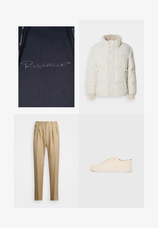 Giacca a vento beige chiaro con colletto alto, chiusure a pressione frontali, tasche laterali con zip e polsini a coste. Fodera interna morbida visibile al colletto.; Tessuto nero con una superficie liscia, con un logo cucito in contrasto "Reichertstadt™" in argento nella sezione inferiore destra.; Pantaloni in lino beige con taglio dritto, dotati di due pince anteriori, chiusura con bottone e tasche laterali. Tessuto testurizzato con una finitura liscia.; Sneaker in tela beige con punta rotonda, suola in gomma piatta e lacci sulla parte anteriore. Presenta un design minimalista e un accento nero a contrasto sul tallone.