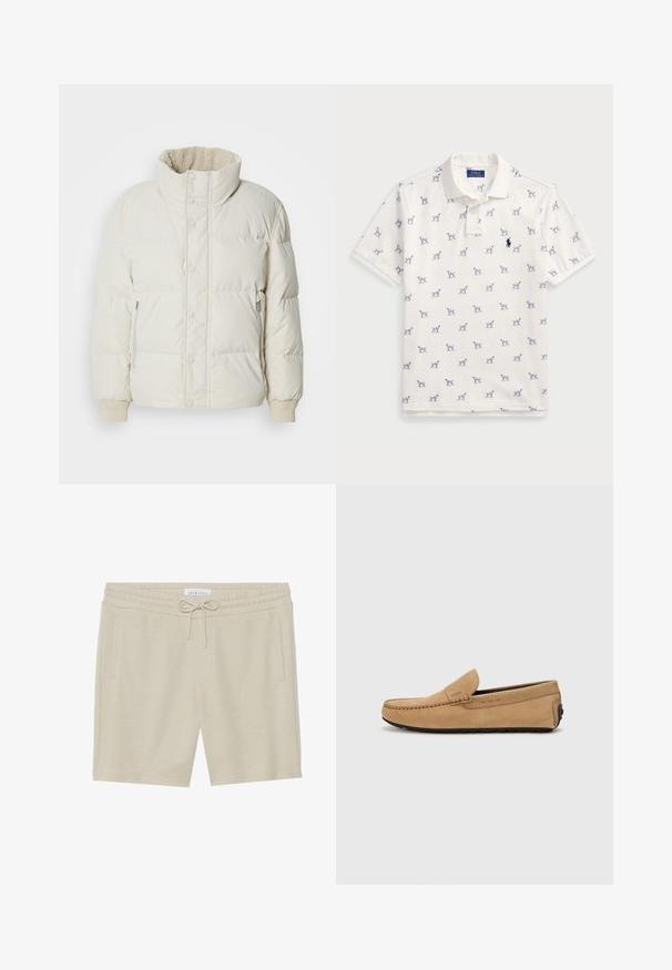 Doudoune beige clair avec un col haut, des fermetures à pression à l'avant, des poches latérales zippées et des poignets côtelés. Doublure intérieure douce visible au niveau du col.; Polo blanc en coton, avec un motif répété de chiens bleus et un petit logo bleu sur la poitrine. Manches courtes et col.; Shorts de couleur khaki en tissu doux, dotés d'une taille à cordon de serrage, de deux poches latérales et d'une coupe décontractée.; Mocassin beige en suède avec un bout cousu, design à enfiler et semelle en caoutchouc noir. Présente un logo discret sur le côté.