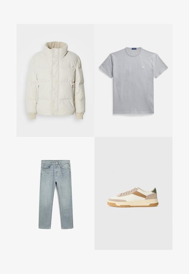 Lys beige puffjakke med høj krave, frontknaplukninger, sidelommer med lynlås og ribbede manchetter. Blødt indre fôr synligt ved kraven.; Grå bomulds-T-shirt med rund hals, korte ærmer og et lille hvidt logo på venstre bryst. Glat tekstur og afslappet pasform.; Lys blå denimjeans med lige snit, fem lommer og en synlig knap- og lynlåslukning. Glat tekstur med let falmning.; Sneakers i beige, creme og olivengrøn, med suede og læder materialer, en rund tå, minimalistisk design og en gummisul.