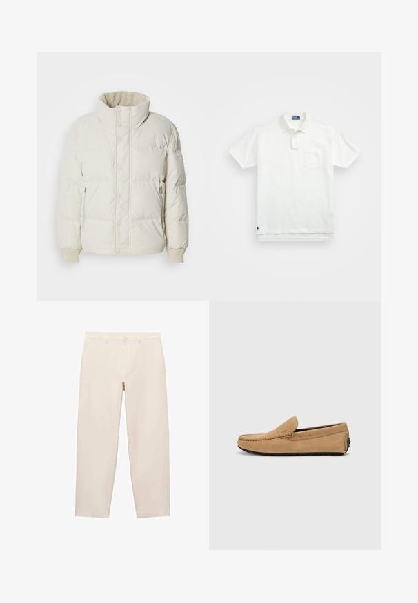Helle beigefarbene Steppjacke mit hohem Kragen, vorderer Druckknopfverschluss, seitlichen Reißverschlusstaschen und gerippten Bündchen. Weiche Innenausstattung, die am Kragen sichtbar ist.; Weißes Poloshirt aus Baumwolle, mit klassischem Kragen, Drei-Knopf-Leiste und einer linken Brusttasche; kleines Logo am Saum.; Beige Gerade-Passform-Hosen aus weichem Stoff, mit Gürtelschlaufen, Reißverschluss und zwei Seitentaschen. Sauberes, minimalistisches Design.; Beige Wildleder-Mokassinschuh mit gestickter Zehenpartie, im Slip-On-Design und schwarzer Gummisohle. Besitzt dezente Markenkennzeichnung an der Seite.