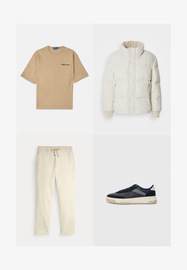 Jasno beżowa kurtka puchowa z wysokim kołnierzem, zapięciem na napy z przodu, bocznymi kieszeniami na zamek oraz ściągaczami na mankietach. Miękka podszewka widoczna w okolicy kołnierza.; Beżowa bawełniana koszulka z krótkim rękawem, okrągłym dekoltem i małym czarnym logo na lewej stronie klatki piersiowej. Miękka w dotyku.; Casualne spodnie w kolorze off-white z elastycznym pasem i sznurkiem, proste nogawki i boczne kieszenie na jednolitym tle.; BOSS BALTIMORE niebieski