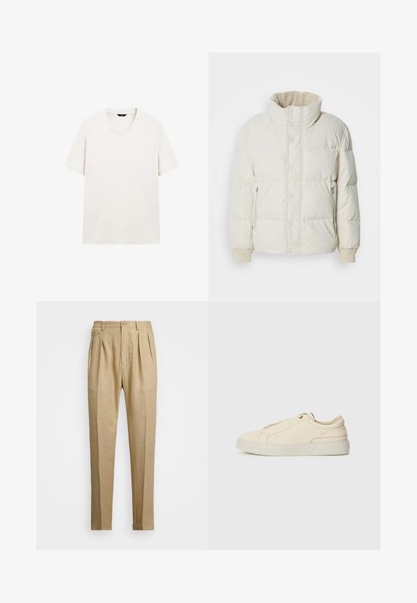 Ljusbeige puffjacka med hög krage, framknappstängningar, sidodragkedjefickor och ribbade ärmavslut. Mjuk innertyg synlig vid kragen.; En enfärgad vit t-shirt med kort ärm och rund halsringning, uppvisad liggande med synlig etikett i halsringningen mot en vit bakgrund.; Beiga linnbyxor med rak passform, med två framveck, knappstängning och sidofickor. Strukturerad tyg med en mjuk yta.; Beige lädersneaker med rund tå, minimalistisk design, subtila stygndetaljer och en texturerad ovandel, på en ljus sula.