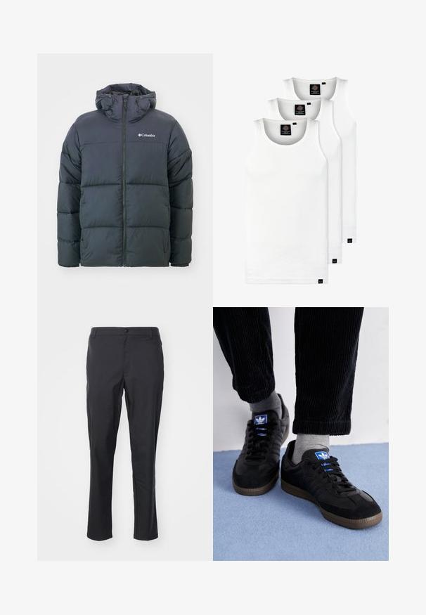 Mustan puhkuvarusteen takki hupulla, jossa on vetoketjukiinnitys, tikattu muotoilu ja joustavat hihansuut. Logo vasemmassa rinnassa. Pehmeä, eristetty kangas.; Kolme valkoista ribbitekstiilistä toppia, jotka on valmistettu puuvillasta. Ominaisuuksiin kuuluu pyöreä pääntie ja pieni musta etiketti helman lähellä. Saatavilla useissa kooissa.; Mustat housut, jotka on valmistettu kevyestä kankaasta. Ne ovat sileäpintaista, suoraa leikkausta ja niissä on nappikiinnitys vyötäröllä.; Mustat lenkkitossut, joissa on mokka- ja nahkamateriaali, sinisellä logolla ja ruskealla kumipohjalla. Yhdistetty harmaisiin sukkiin ja corduroypantoihin.