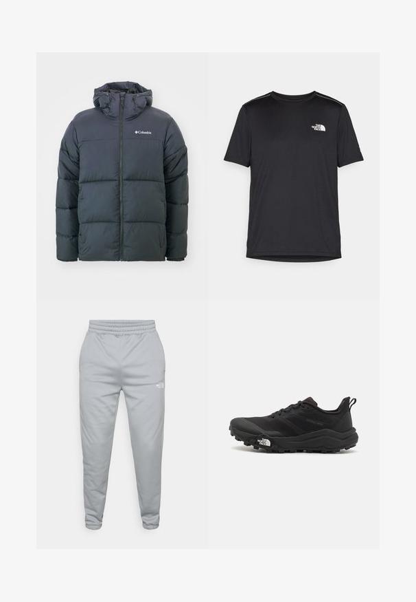 Casaco puff preto com capuz, apresentando um fecho de correr na frente, design acolchoado e punhos elásticos. Logótipo no lado esquerdo do peito. Tecido macio e isolante.; T-shirt preto de manga curta feito de um tecido leve. Apresenta um pequeno logo branco ao lado esquerdo do peito e detalhes subtis nos ombros.; Calças jogger cinza claro com cintura elástica e tornozelos com punhos. Apresenta um pequeno logotipo branco na parte inferior. Material texturizado.; Sapatilha de trail running preta com um upper texturizado, sola de borracha e biqueira reforçada. Possui um colarinho acolchoado e uma alça para facilitar o calçar.