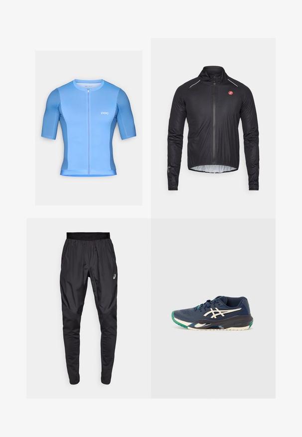 Sort cykeljakke med høj krave, frontlynlås, reflekterende detaljer og lange ærmer. Fremstillet af let, struktureret stof.; Lysblå cykeltrøje med korte ærmer, lynlås foran og en tætsiddende pasform. Har glat stof og et diskret brandlogo på brystet.; Sorte træningsbukser med en strækbar talje, sidelommer og kontrasterende teksturpaneler på benene. Asics-logo på hoften.; Marine sportsko med mesh-overdel, hvidt logo, grøn detalje på tåen og en flerfarvet sål. Strømlinet design med tekstureret overflade.