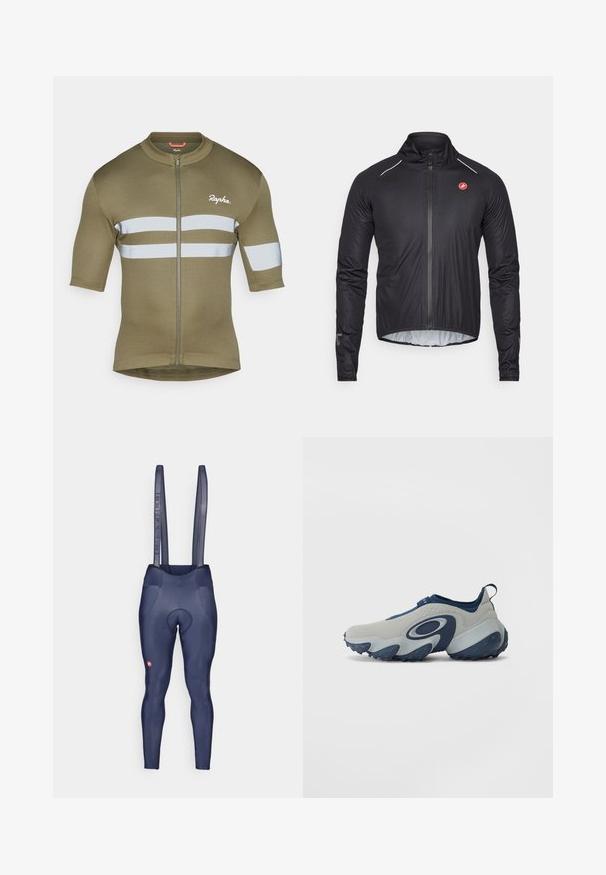 Veste de cyclisme noire avec col montant, fermeture éclair frontale, accents réfléchissants et manches longues. Fabriquée en tissu léger et texturé.; Maillot de cyclisme vert olive à manches courtes, avec une fermeture éclair à l'avant et deux bandes réfléchissantes horizontales. Fabriqué en tissu doux et léger.; Bretelles en maille pour cuissard de cyclisme bleu marine, zone de siège rembourrée, texture du tissu lisse, et petit logo sur le bas de la jambe.; Chaussure avec un dessus gris et des accents bleu marine, présente un design courbé, une texture lisse et une semelle chunky avec un caoutchouc bleu cranté.