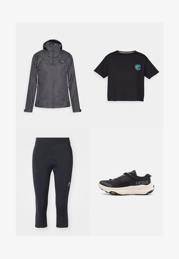 Tumši pelēkas ūdensnecaurlaidīgas jakas ar kapuci, priekšējo rāvējslēdzēju, rāvējslēdzēja sānu kabatām un Patagonia logo kreisajā krūtī.; Melnas kokvilnas T-krekls ar īsām piedurknēm, kuram uz krūtīm ir apaļa krāsaina emblēma. Taisnā apakšmalā un brīvā piegriezumā.; Melni riteņbraukšanas trīs ceturtdaļu legingi, kas izgatavoti no gluda, elastīga materiāla. Iekļauj izpildītu ieliktni un mazu logotipu uz apakšējās kājas.; Melni sporta apavi ar elpojošu režģi augšdaļā, gumijas zoli, baltu amortizējošu starpzoli un atstarotājām šņorēm. Vibram logo uz zoles.